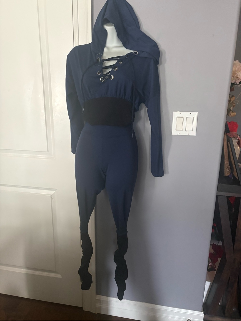 Bombshell Sportswear Navy Hooded Lace-Up Jumpsuit with Black Waist scrunch bum
